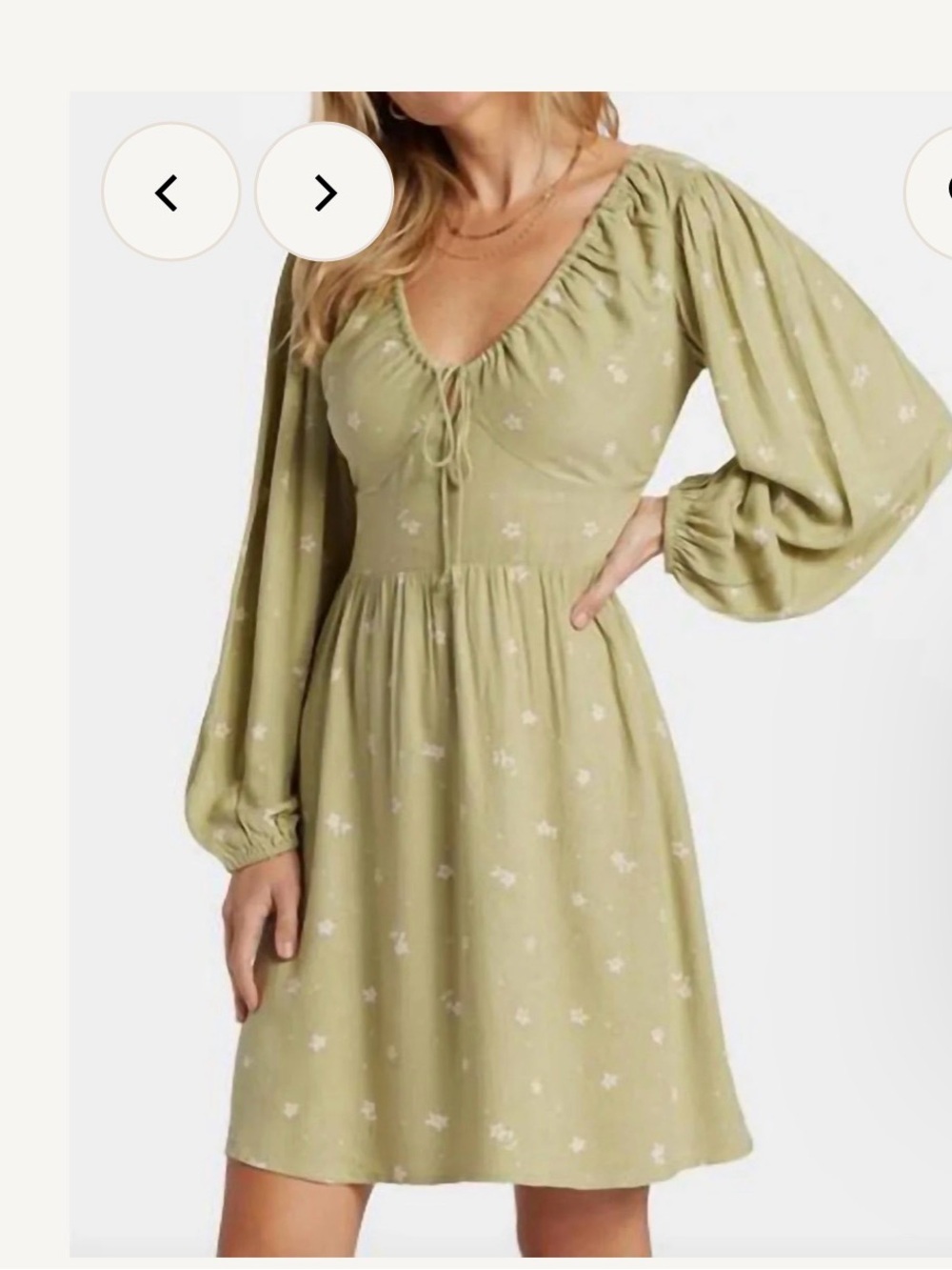 Billabong Olive Sage Floral Tie-Neck Long Sleeve Dress